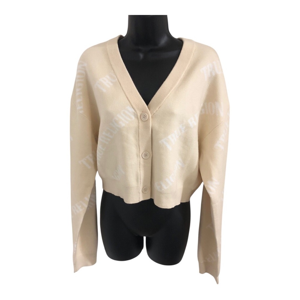 True Religion y2k cream Fog logo print v-neck cardigan size Large brand new